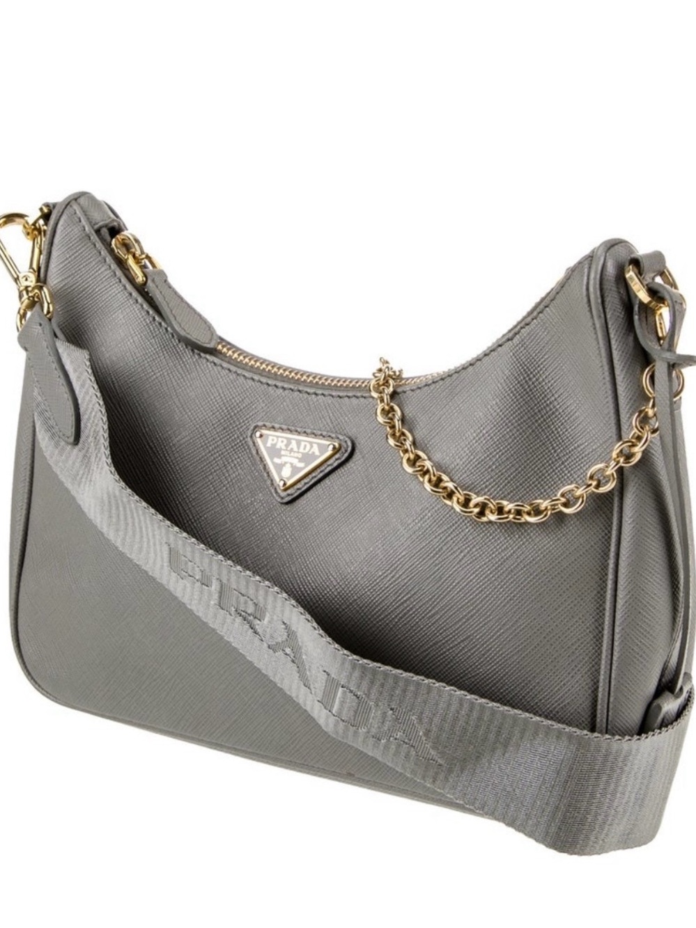 Prada Grey Saffiano Crescent Shoulder Bag with Gold Chain Detail - Picture 4 of 7